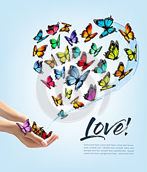 Hands releasing butterflies. Vector illustration