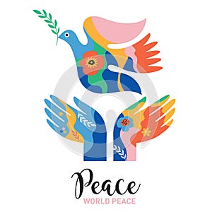 Hands releasing Peace Pigeon, symbol of peace illustration