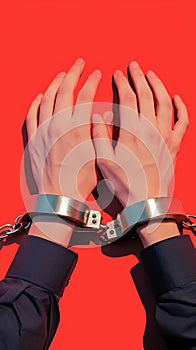 Hands restrained in handcuffs against bold red background, legal concept