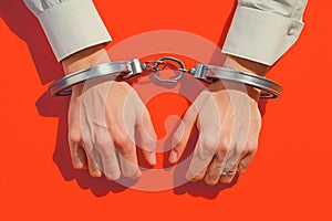 Hands restrained in handcuffs against bold red background, legal concept