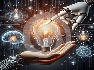 Hands of robot and human touch on big data network