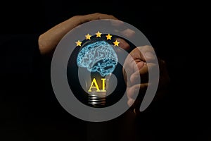 Hands of robot and human touch on big data network.