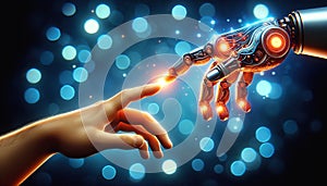 Hands of robot and human touching on stock background. Science and artificial intelligence technology, futuristic.