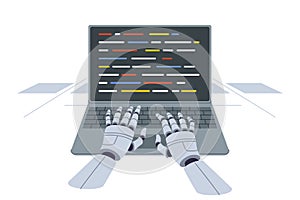 Hands of robot programmer typing code into laptop thanks to development of artificial intelligence