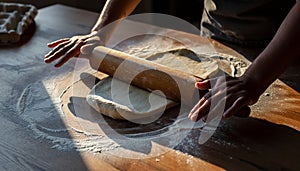 Hands Rolling Dough on a Floured Wooden Table, Baking Preparation