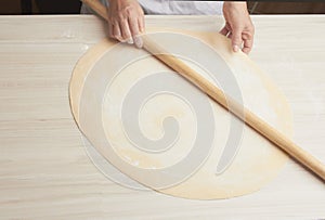 Hands on rolling pin over dough