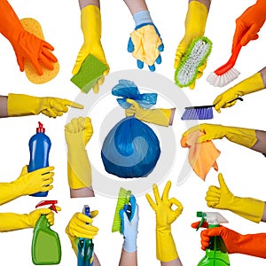 Hands in rubber gloves doing housework photo