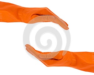 Hands in rubber gloves shows protection concept