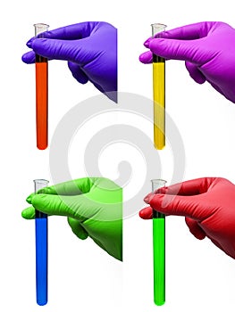 Hands with rubber gloves and test tubes with colored fluids - colorful