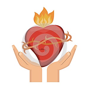 Hands with sacred heart with flamme