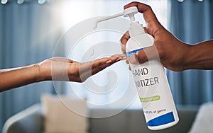 Hands, sanitizer and drop for hygiene, bacteria or germs to combat disease, illness or virus at home. Hand of person