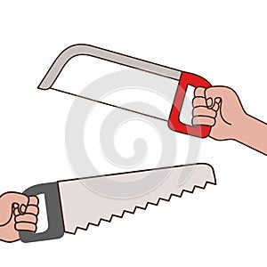 Hands with saw tool isolated icon