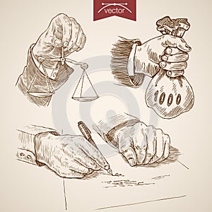 Hands scales money writing engraving lineart vector vintage
