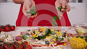 Hands scatter basil leaves on pizza - slow motion