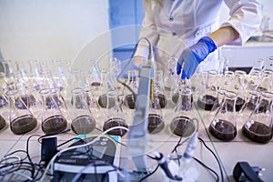 Hands of the scientist in laboratory shake a glass flasks with dissolved samples of the soil. Agrochemical examination of soil to