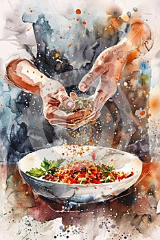 Hands season a dish, sprinkling a richly colored spice mix to infuse it with exotic tastes photo