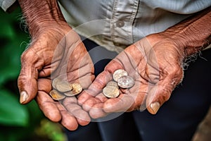 hands of a senior man gripping coins, depicting the struggle of saving money on a modest pension.