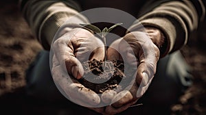 Hands of a senior man holding a young green plant in soil
