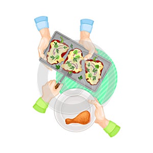 Hands Serving Stuffed Bell Pepper on Plate with Chicken Leg Above View Vector Illustration