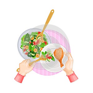 Hands Serving Vegetable Salad on Plate with Chicken Leg Above View Vector Illustration