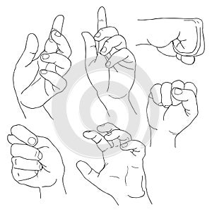 Hands set outline part 5. Fico, claw, fist, plea, up, and others.