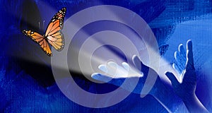 Hands set symbolic butterfly free in beam of light graphic background