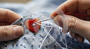 Hands sewing a red heart button