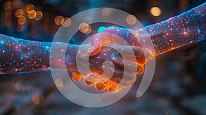 Hands shake with a digital network light circuit, representing artificial intelligence