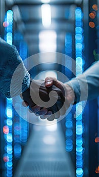 Hands Shaking in Data Center with Servers and Blue LED Lights in Background