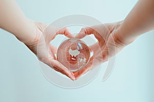 Hands in shape of heart  holding glass globe of Australia