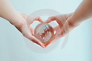 Hands in shape of heart  holding glass globe of Indoneasia and Phillipine sea