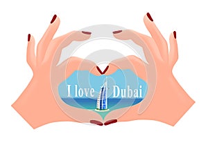 Hands in the shape of a heart show Burj Al Arab in Dubai. Isolated vector image with the ability to change text.