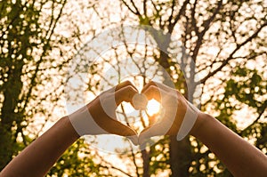 Hands in shape of love heart and sunshine photo