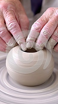 Hands shaping a clay pot on a spinning pottery wheel, AI photo
