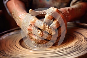 hands shaping clay on potters wheel, motion blur