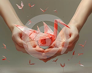 Hands shaping a delicate origami crane
