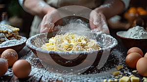 hands shaping homemade pasta spaghettis