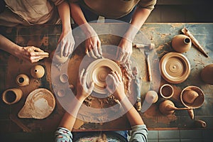 Hands shaping pottery on a wheel