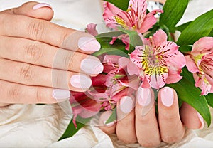 Hands with short manicured nails colored with pink nail polish