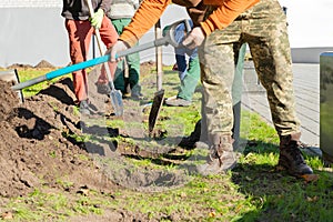 Hands with a shovels. Group of diverse people digging hole planting tree together, volunteering, charity, people and ecology