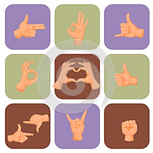 Hands deaf-mute gestures human pointing arm people gesturing communication message vector illustration. photo