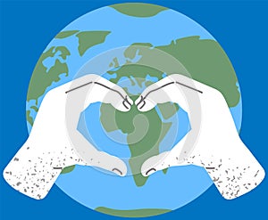 Hands showing heart gesture on background of planet. Banner of environmental care, love for Earth