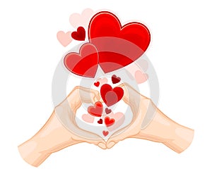 Hands Showing Heart Gesture and Red Fluttering Sweetheart Vector Illustration
