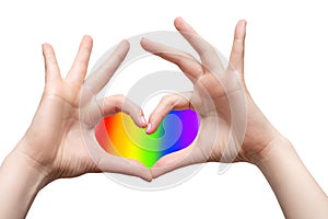 Hands showing heart sign with LGBT rainbow background inside it. Sexual minority, homosexuality and equal rights concept