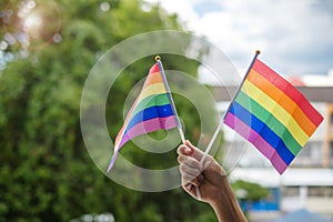 Hands showing LGBTQ Rainbow flag on green nature background. Support Lesbian, Gay, Bisexual, Transgender and Queer community and