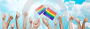 Hands showing thumbs up and holding rainbow flags