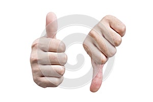 Hands showing thumbs up and showing thumbs down gesture