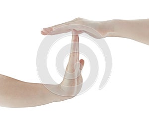 Hands showing timeout sign isolated on white photo