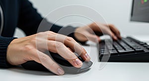Typing Hands on Black Keyboard Using Mouse on White Desk