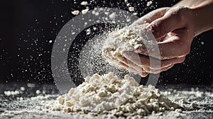 Hands sifting flour with dramatic lighting and motion